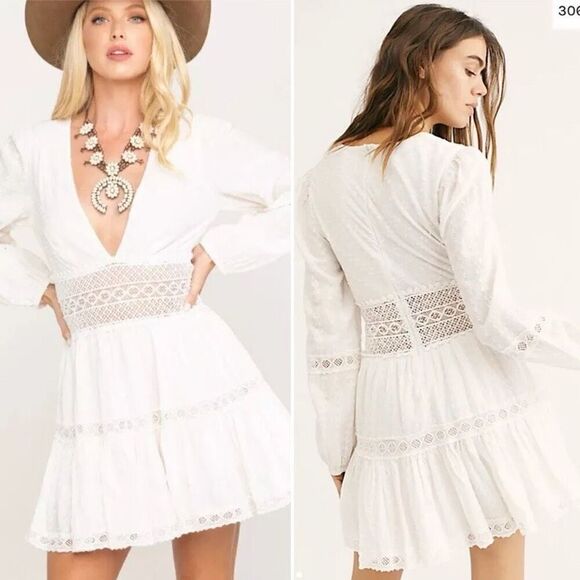 Free People The Delightful Crochet Mini Dress Sz 8 Coastal Cowgirl Boho Cottage - Picture 14 of 15